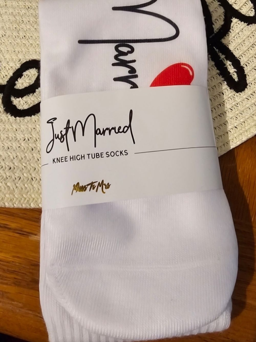 Just Married White Knee-High Tube Socks with Red Heart Accent